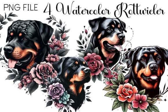 Download Watercolor Rottweiler and Flowers PNG - Flowers Collection